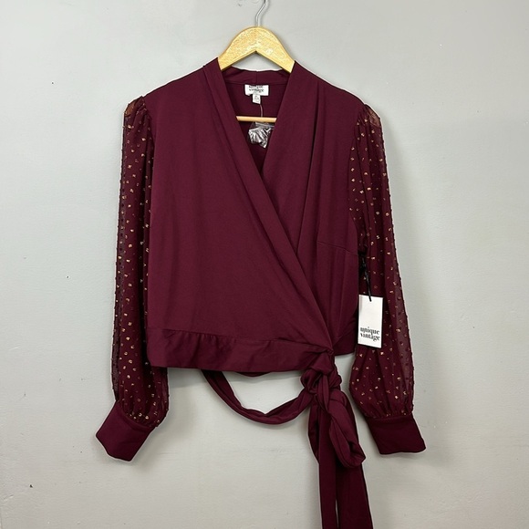 NWT Unique Vintage Burgundy & Gold Dot Giselle Wrap Top Sz 4X - Picture 2 of 10